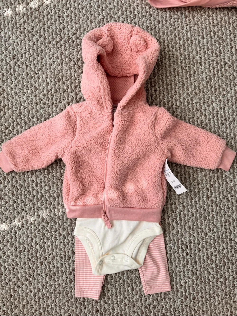 New Carter's Pink Sherpa Zip Hoodie and Cream Bodysuit Set with Pink Stripe Pant